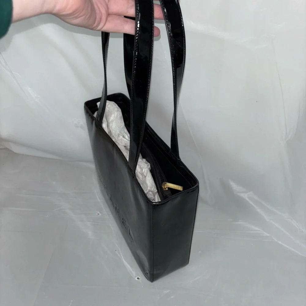 Authentic Chanel Black Patent Logo Tote Bag